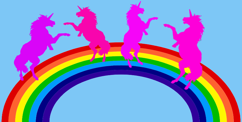 pink and purple-pink ponies dancing on rainbow